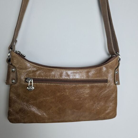 90s Leather Shoulder Bag, Shiny Light Brown Tan, The Trend Italy, Multiple Zippe - Picture 11 of 12
